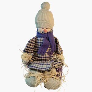 Snowman Doll Purple Plaid Coat Scarf Hat Shelf Sitter Handmade Fabric